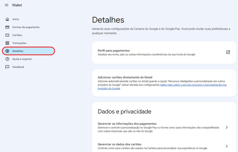 Google permite configurar Carteira (Wallet) de forma fácil no computador — Foto: Reprodução/Rodrigo Fernandes