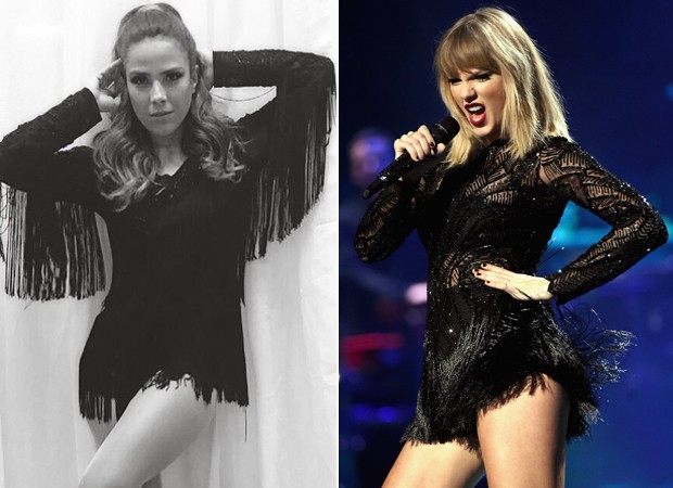 Estilos parecidos: Wanessa e Taylor usando body preto com franjas e deixam pernocas à mostra (Foto: Reprodução/Twitter e Getty Images)