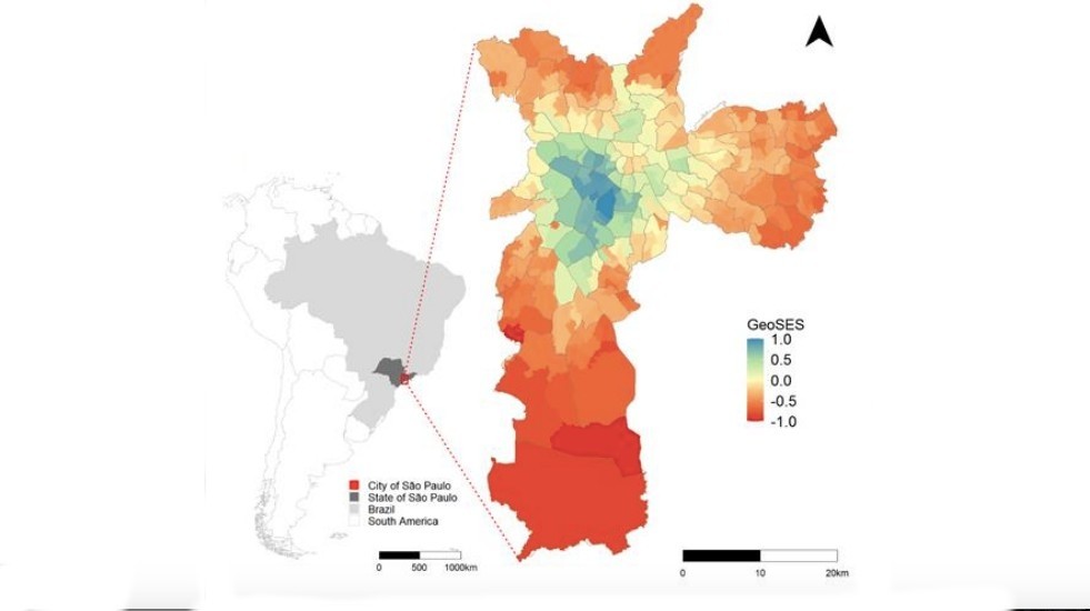 As regiões em vermelho são as de pior nível socioeconômico e, as áreas em azul, são as com melhor classificação segundo o indicador (Foto: Reprodução/arxiv.org)