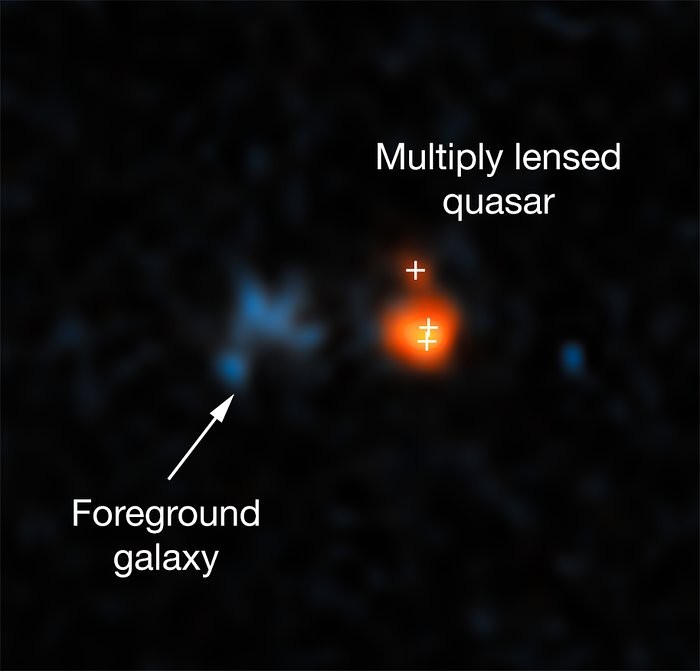 Imagem mostra o quasar  J043947.08+163415.7 e lentes gravitacionais (Foto: NASA, ESA, X. Fan (University of Arizona))