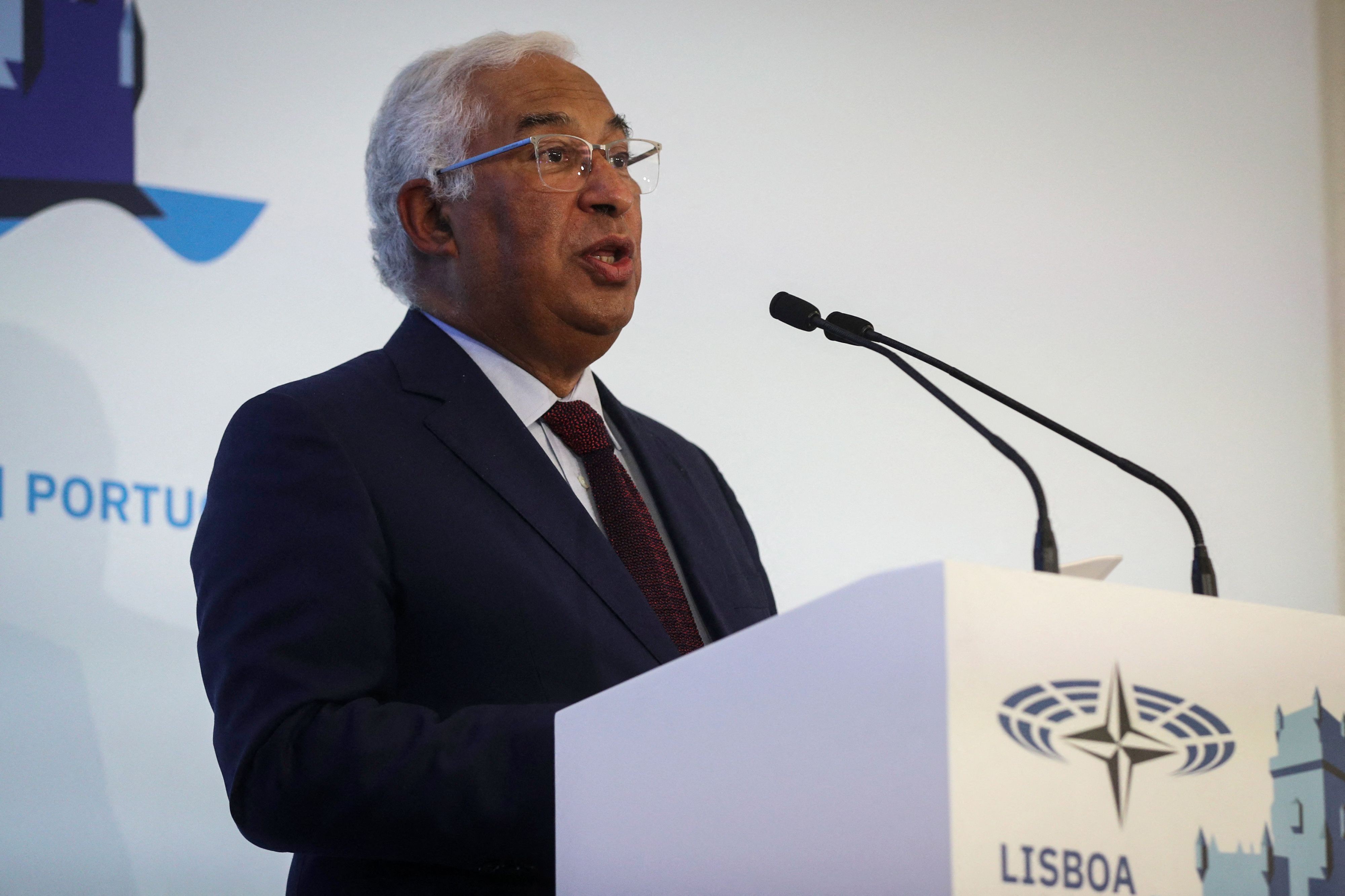 O primeiro-ministro de Portugal, António Costa, discursa em sessão anual da OTAN em Lisboa