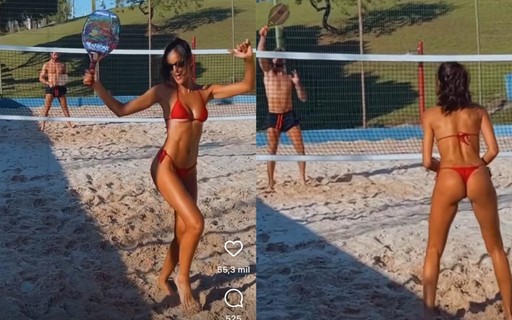Izabel Goulart joga tênis de praia com Kevin Trapp e dança ao som de Anitta