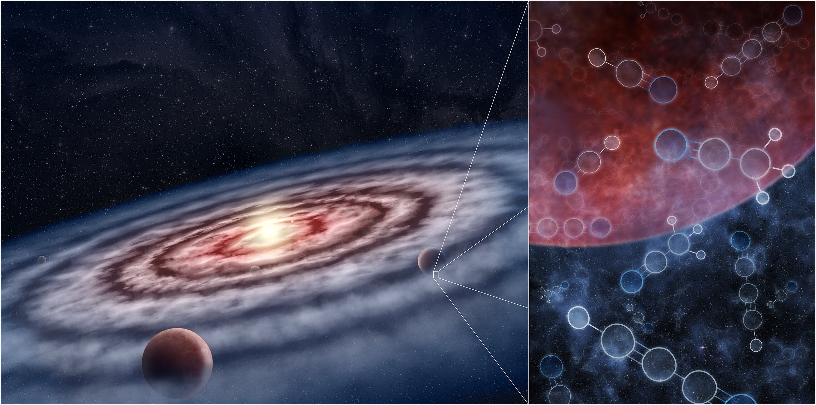 Impressão artística do gás e poeira no disco protoplanetário de estrela revela moléculas necessárias à vida (Foto: M.Weiss/Center for Astrophysics/Harvard)