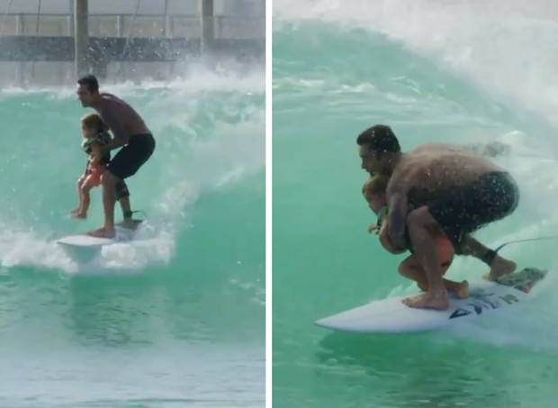 Billy Kemper pegando onda com o caçula, de 3 anos (Foto: Reprodução/Instagram)