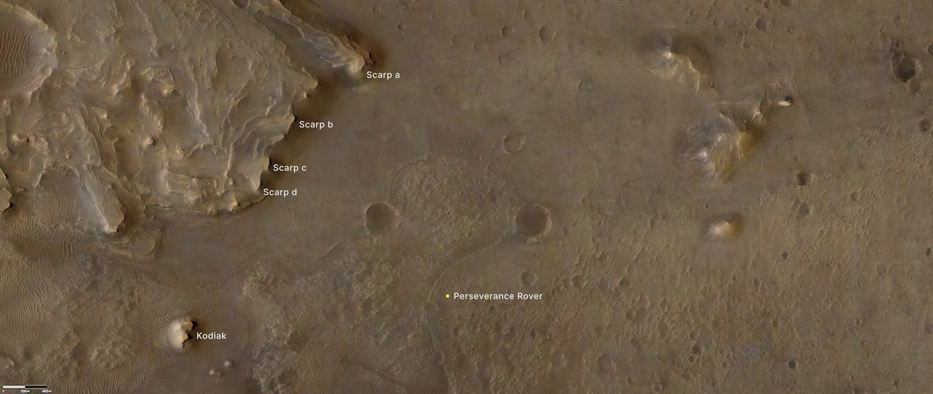 Mapa indica localização da sonda Perseverance em Marte, da formação Kodiak e de algumas escarpas marcianas (Foto: NASA/JPL-Caltech/University of Arizona/USGS)