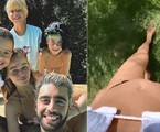 Cíntia Dicker e Pedro Scooby com os filhos dele, Dom, Liz e Bem e, à direita, ela mostra a barriga de gestação | Reprodução