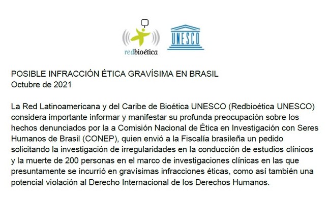 Trecho da resolução da Redbioética-Unesco, aprovada na última quinta-feira (7) 