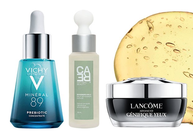 Minéral 89 Prebiotic, R$ 189, Vichy; Sérum Skindrops Hialu, R$ 197, Care Natural Beauty; Advanced Génifique Eye Cream, R$ 349, Lancôme (Foto: Divulgação e Getty Images)