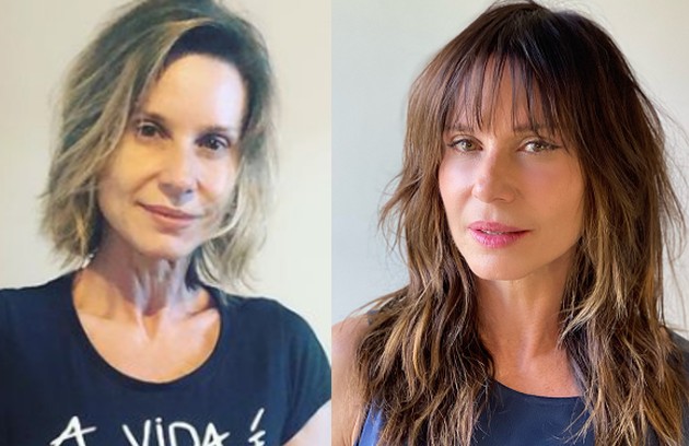 Paula Burlamaqui alongou os fios e ficou morena: 'Gostei muito. Acho que me rejuvenesceu' (Foto: Reprodução e Fil Hair/Divulgação)