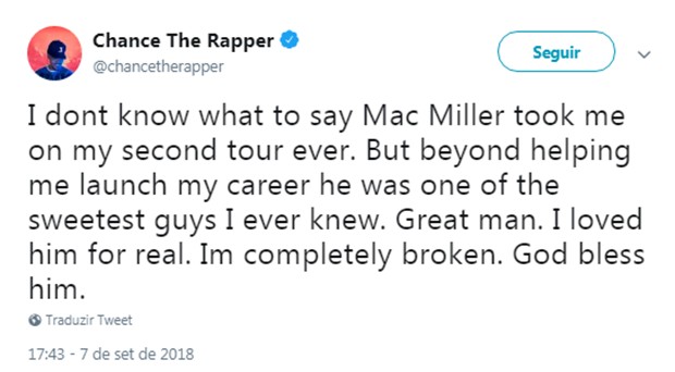 Mensagem de Chance The Rapper sobre a morte de Mac Miller (Foto: Reprodução/Twitter)