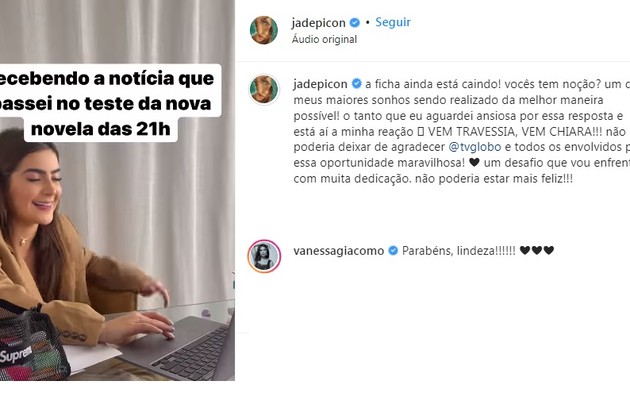 Jade ganhou apoio de Vanessa Giácomo, sua colega de elenco em 'Travessia' (Foto: Reprodução)