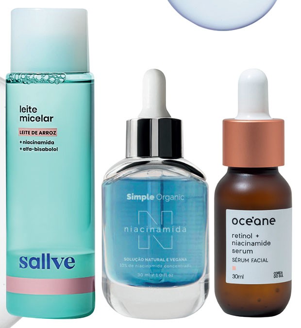 Leite Micelar, R$ 50, Sallve; Solução Niacinamida, R$ 145, Simple Organic; Sérum facial, R$ 69, Océane (Foto: Divulgação e Getty Images)