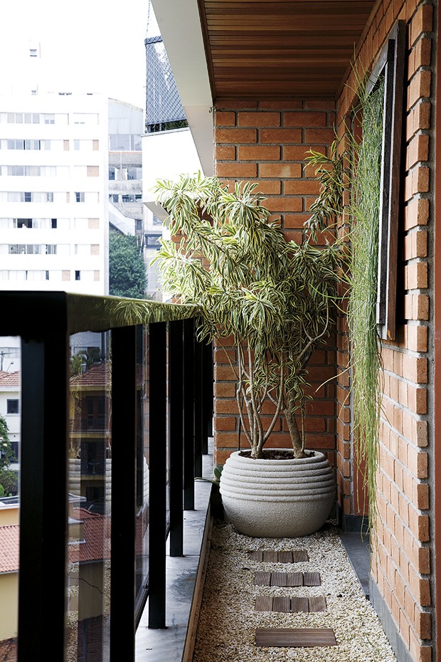 O piso de ardósia foi camuflado por módulos de madeira e pedriscos, que clareiam o caminho e dão a sensação de mais largura ao corredor. Vaso com pleomele variegada e painel na parede com ripsális. Projeto assinado por Paula Magaldi (Foto:  Evelyn Müller/Casa e Jardim)