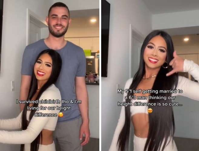 A mulher contou que quebrou o cóccix no parto: ela tem 1,50 m e o marido 1,93 m (Foto: Reprodução/ TikTok)