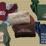 five bookish crewneck sweaters in assorted colors