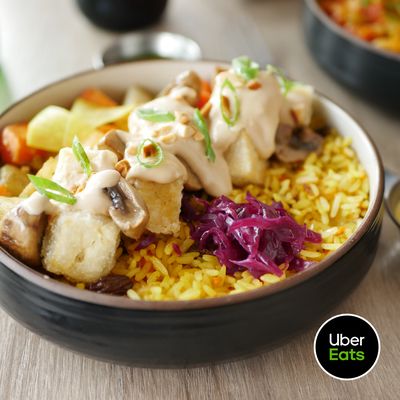 Photo of Gobble - Vancouver, BC, CA. Crispy Tofu and mushroom with House Peanut Sauce -  VG