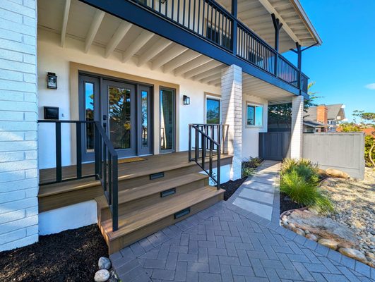 Photo of GCSF Pavers & Landscape - Burlingame, CA, US. Composite front porch. Pavers with sealing. Steps with lights.