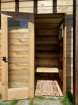 Photo of Terra Gardens - Berkeley, CA, US. the inside of a wooden sauna