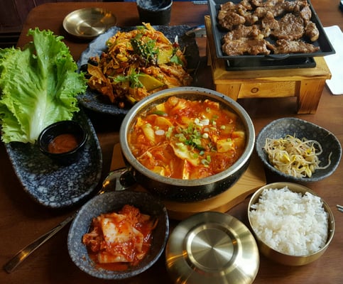 Photo of Han Korean Restaurant - Victoria, BC, CA. a variety of dishes on a table