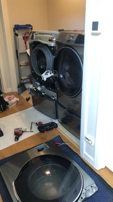 Photo of FixEm Appliance Repair - Lafayette, CA, US. Front load Samsung washer with pedestal maintenance