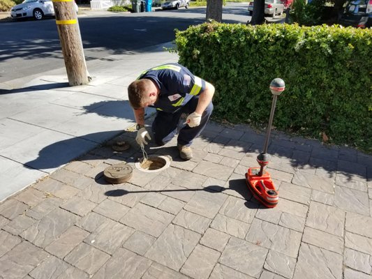 Photo of Bell Plumbing - San Carlos, CA, US. Checking sewer lateral flow after clearing with hydrojetter through existing property line cleanout.