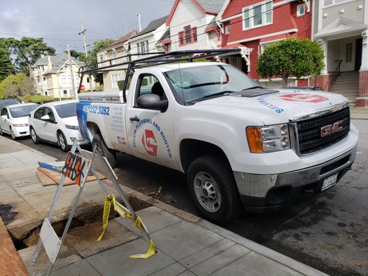Photo of Selvin Plumbing And Rooter - San Bruno, CA, US. Selvin's truck parked in front of job site