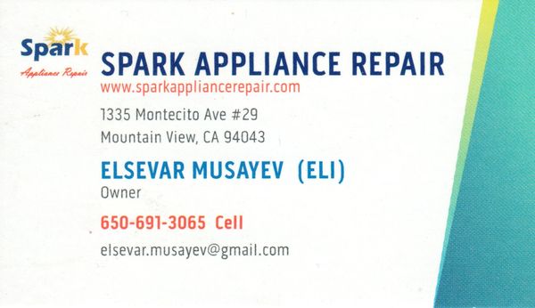 Photo of Spark Appliance Repair - Mountain View, CA, US. Spark Appliance Repair Biz Card