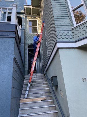 Photo of George Salet Plumbing - Brisbane, CA, US. Carlos taking care of business with a gas line to the 2nd floor on a Victorian beaute