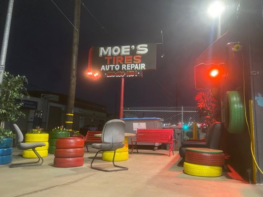 Photo of Moe’s Tires - San Bruno, CA, US. Beautiful Outdoor seating. Had to take a photo