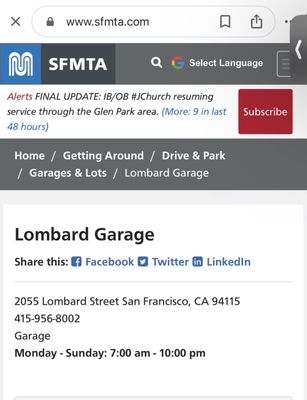 Photo of Lombard Street Garage - San Francisco, CA, US. Closing time listed on SFMTA site is wrong.