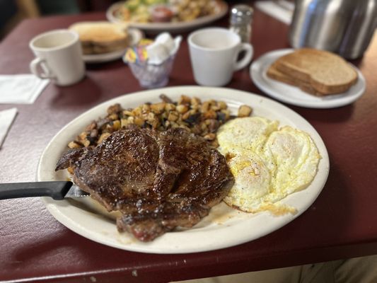 Photo of Cricket Country Kitchen - Sacramento, CA, US. RIB EYE STEAK AND EGGS