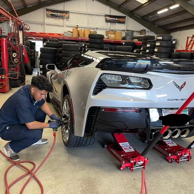 Photo of Moe’s Tires - San Bruno, CA, US. Brake Repair Service for a Corvette at Moe's Tire Service in San Bruno, CA.