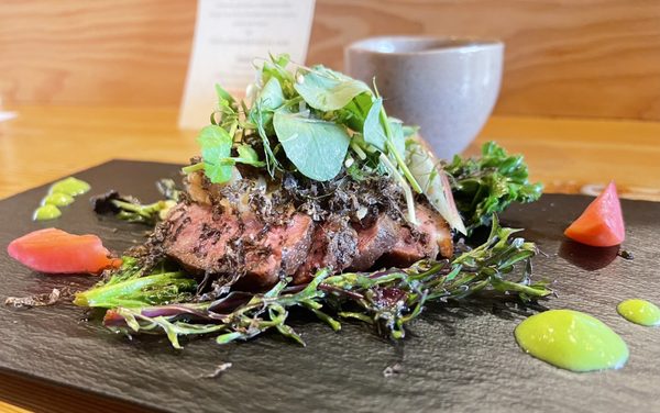 Photo of STEM Japanese Eatery - Burnaby, BC, CA. Yaki-Mono Yarrow Meadows Duck Kinoko Daikon Yuzu Ponzu, Myoga, Shiso; Kaiware Hannah Brook Farm Vegetables-Peas, Radish & Kale