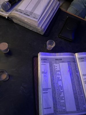 Photo of Karaoke Christmas - Bayside, NY, US. a table full of books and drinks