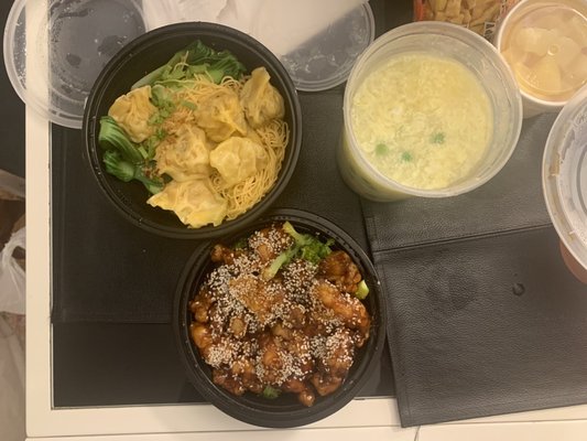 Photo of No. 1 Chinese Restaurant - New York, NY, US. Clockwise from top left - Wonton Noodle Soup (soup was packed separately), Shrimp with Lobster Sauce and Sesame Chicken