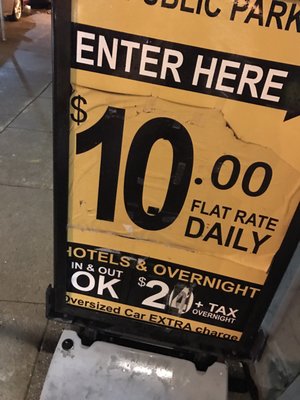 Photo of EZ Public Parking - San Francisco, CA, US. Clearly read $10 flat rate daily. Sign hadnt changed.