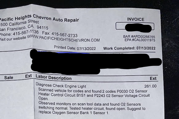 Photo of Pacific Heights Chevron Auto Repair - San Francisco, CA, US. $261 to plug in an ODB meter and look at it.