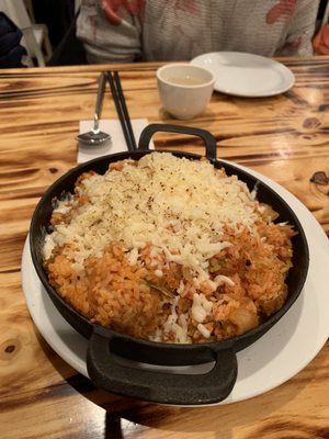 Photo of Xin Korean Reataurant - Victoria, BC, CA. Kimchi Fried Rice with mozzarella cheese .  Fairly spicy!