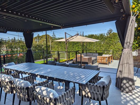 Photo of GCSF Pavers & Landscape - Burlingame, CA, US. Pergola, porcelain paver, Artificial turf, cable railing, deck, firepit.