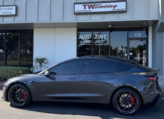 Photo of TW Tinting - Santa Ana, CA, US. 55% Windshield, 20% everywhere else - non-ceramic tint.  Same tint as my last 2 model 3's and never had any issues.