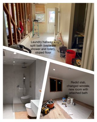 Photo of Handyman Heroes - San Francisco, CA, US. Before/after: HH demo-ed existing floor and walls, did new slab, framing, MEP. Tile, flooring install, plaster walls by subs.