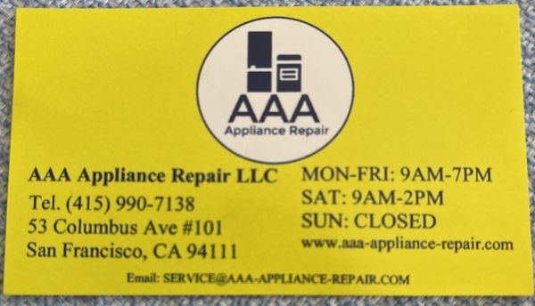 Photo of AAA Appliance Repair - San Francisco, CA, US. Business Card