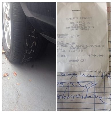 Photo of Tire Sales - San Francisco, CA, US. Purchased tire that was completely flat the next day. Owner refused to exchange for a good one. Disappointed Loyal Customer.