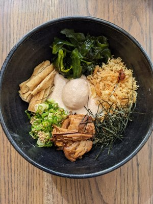 Photo of Motonobu Udon - Vancouver, BC, CA. MazeMentai: Creamy Pollock Roe Sauce, Poached Egg, Beef Belly, Seaweed, Japanese Pickled Plum, Thin-fried Tofu, Green Onion