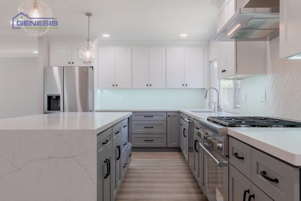 Photo of Genesis Home Remodeling - Burlingame, CA, US. a kitchen with white countertops and gray cabinets