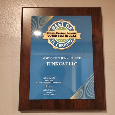 Photo of Junkcat - El Cerrito, CA, US. After a tally of 22,000 ballots, Junkcat LLC wins the award for Best Junk Hauler of 2022 from the El Cerrito Chamber of Commerce.