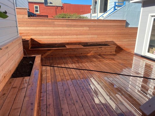 Photo of Tamate Landscaping - San Francisco, CA, US. New redwood fence, raised planters, & deck in Bernal Hts, San Francisco