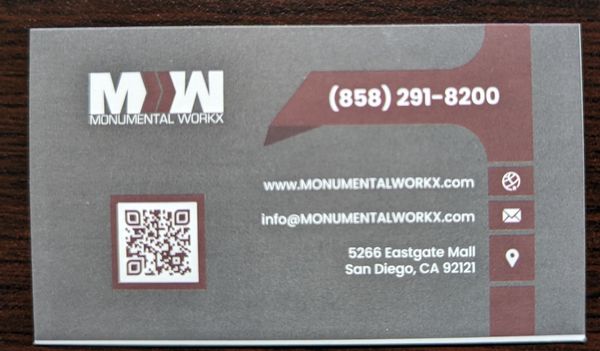 Photo of Monumental Workx - San Diego, CA, US. Business card info