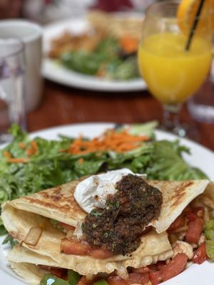 Photo of Crepevine Restaurants - Palo Alto, CA, US. California Crepe with chicken & fresh orange juice mimosa!