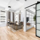 Seamless Wall with black metal factory windows and barn door